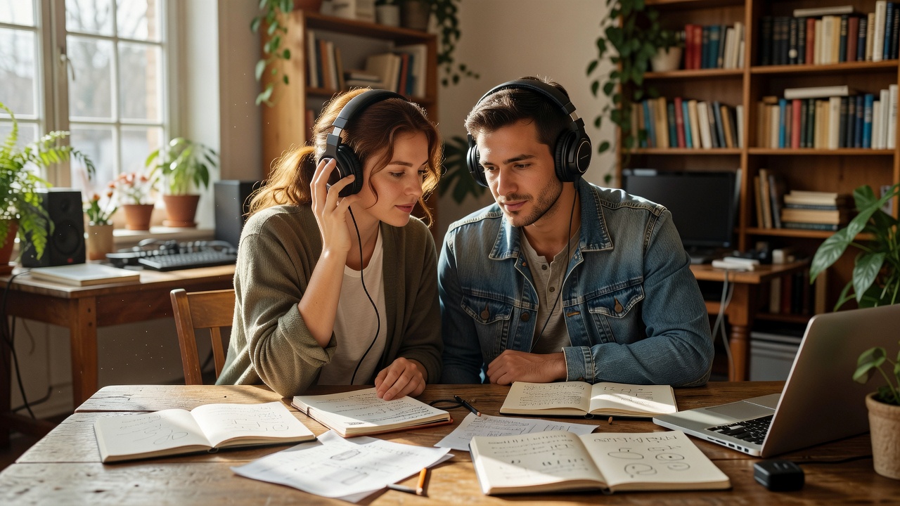 Two editors sharing a pair of headphones at a sunny studio table covered in notebooks