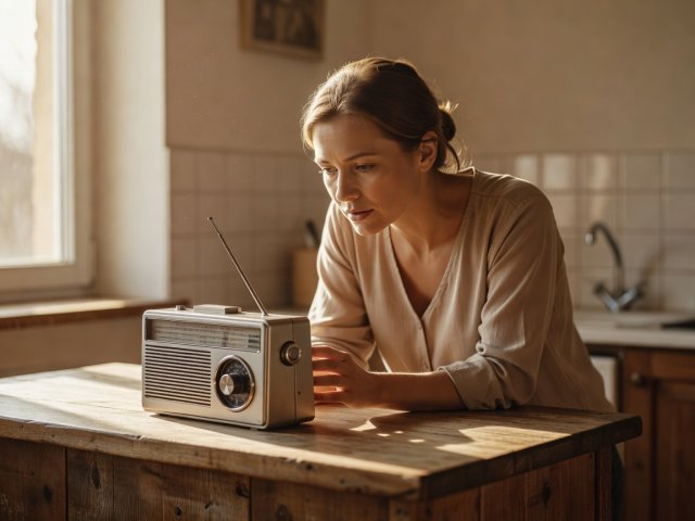 Woman leaning on a kitchen counter listening closely to a portable radio in morning light