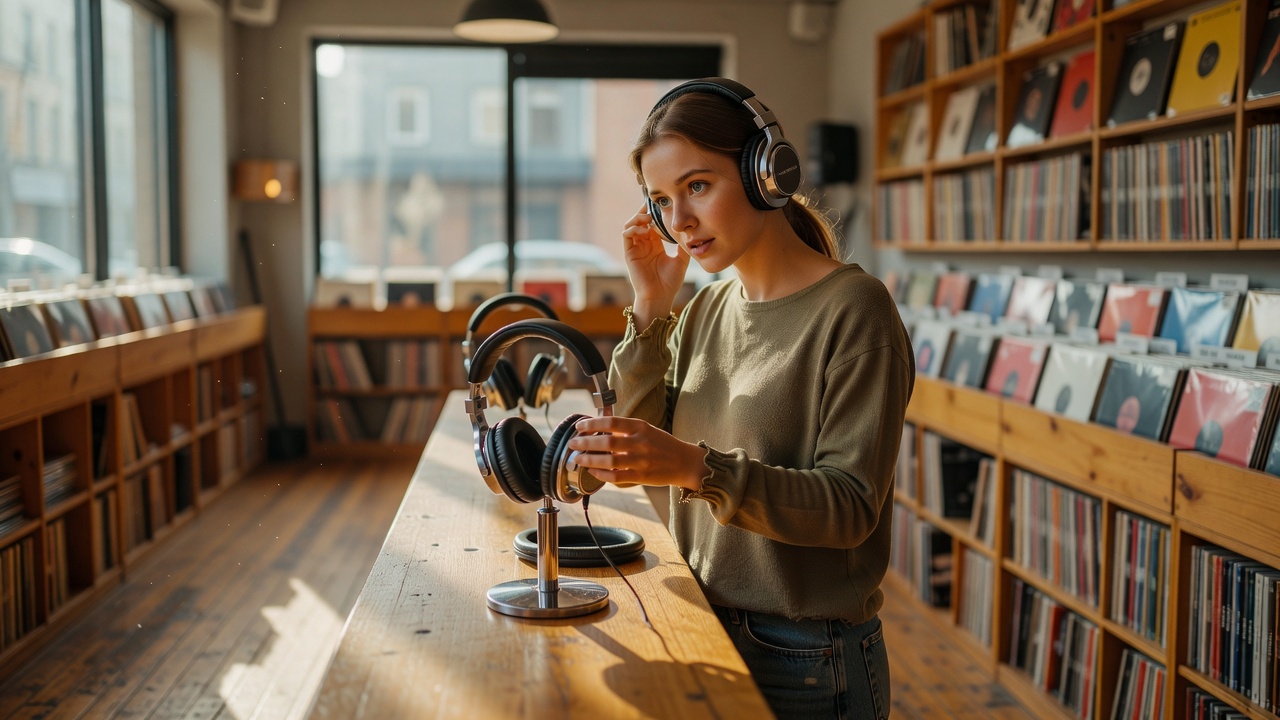 Young woman trying headphones at a listening station in a daylight-filled record shop