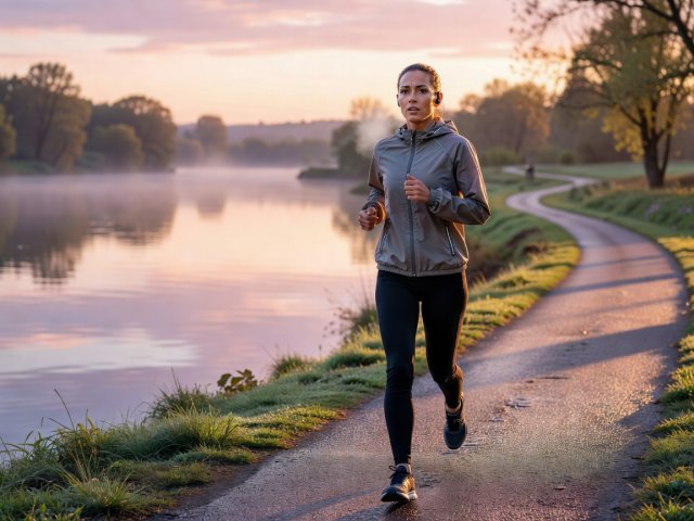 Runner on a riverside path at dawn wearing small open-ear earbuds