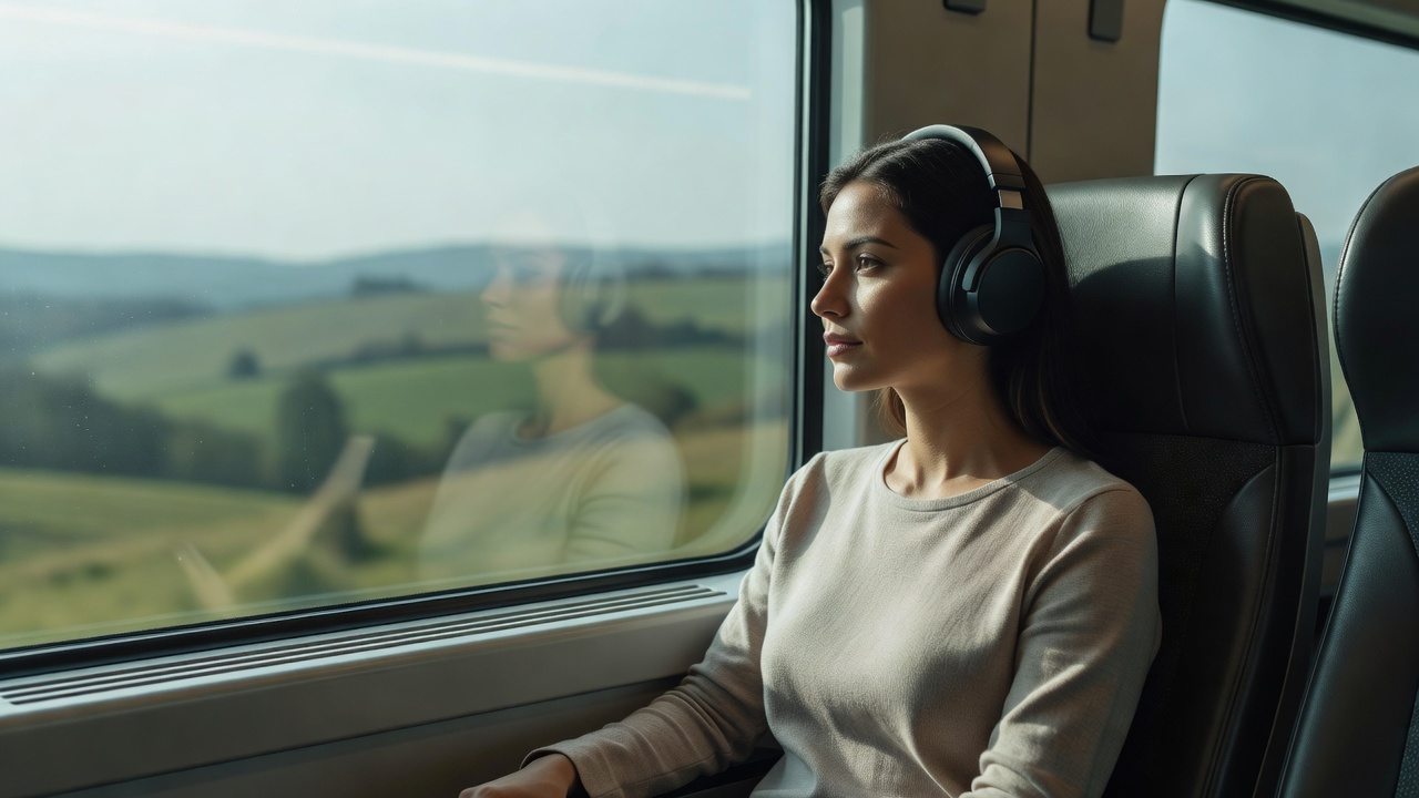 Woman sitting in a train seat by the window wearing over-ear headphones in daylight