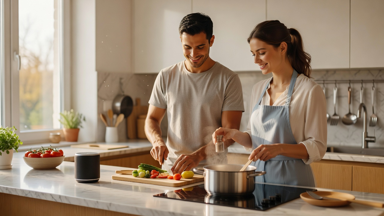 Couple cooking dinner together in a naturally lit kitchen with a small speaker on the counter
