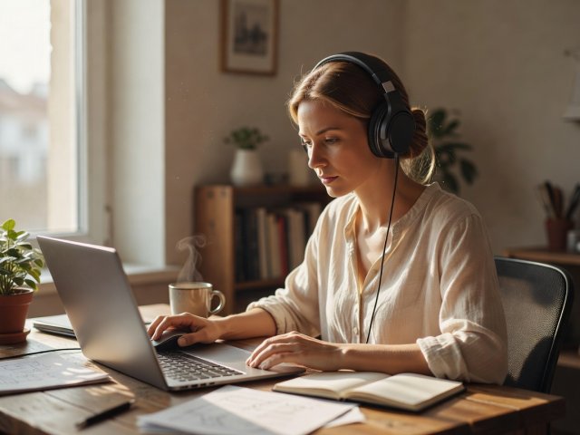 Woman working at a home desk by a bright window wearing closed headphones