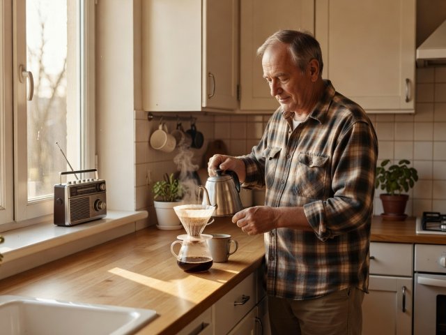 Older man making coffee in a bright kitchen while a small radio plays on the windowsill