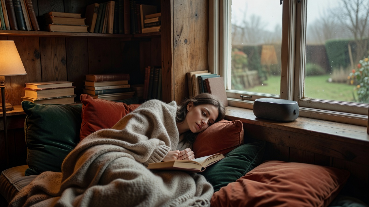 Woman curled up in a reading nook beside a window with a compact speaker on the sill